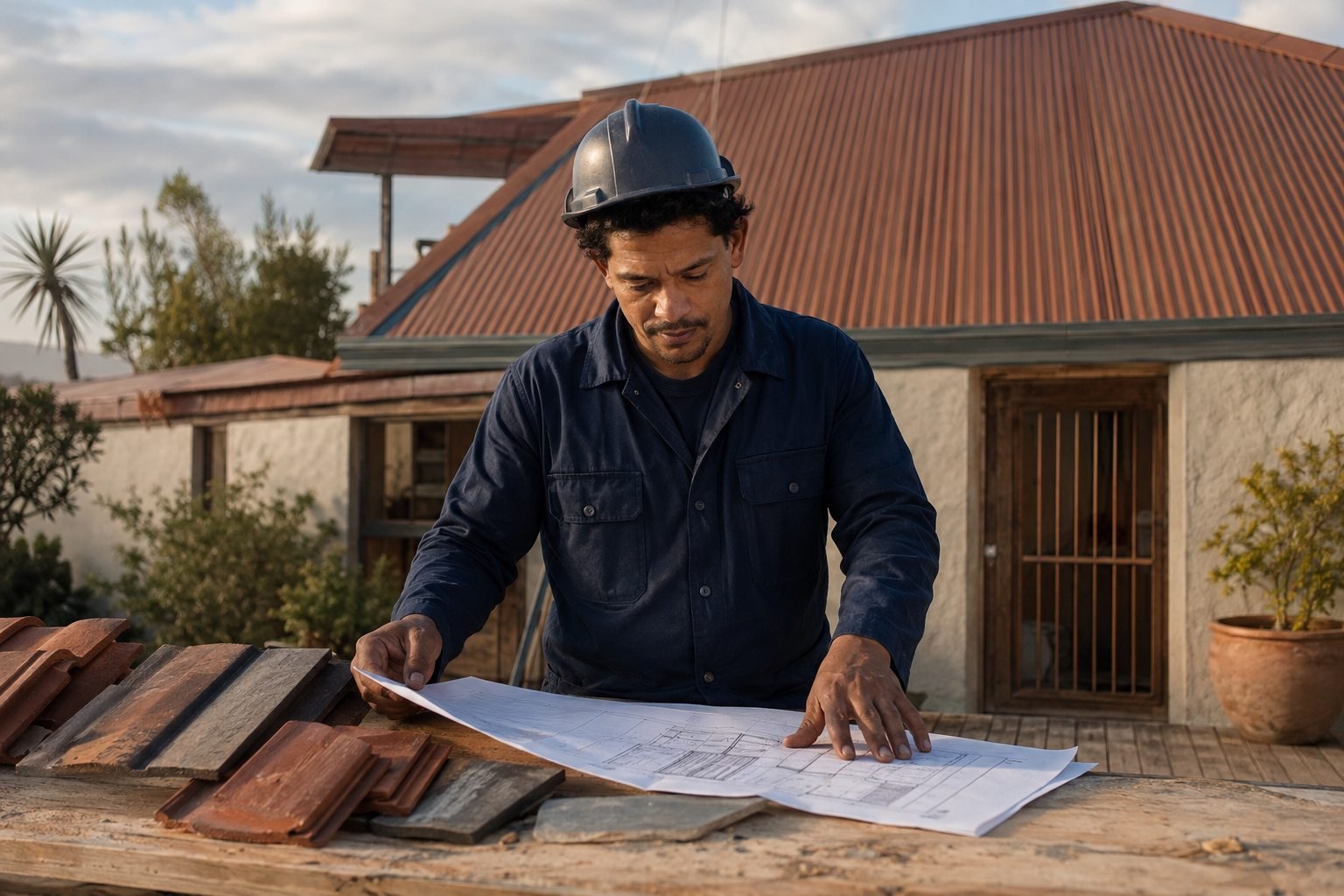 Roofing professional reviewing plans and tile samples at a workbench.