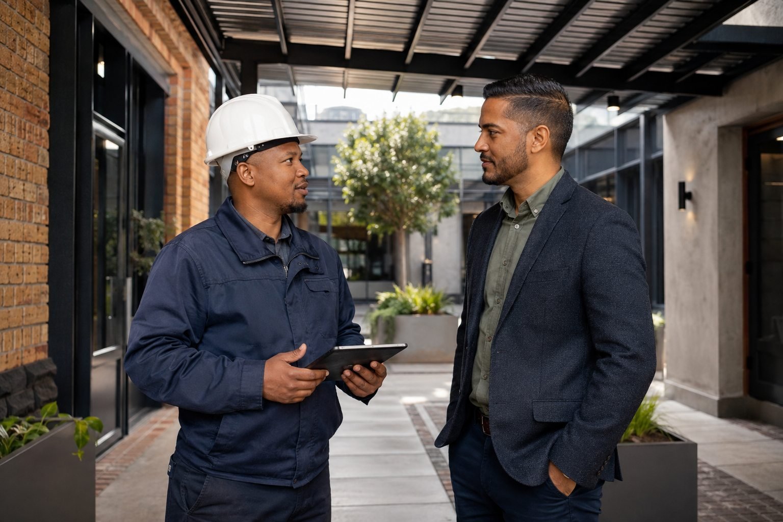 Roofing supervisor meeting a property manager in a commercial courtyard.