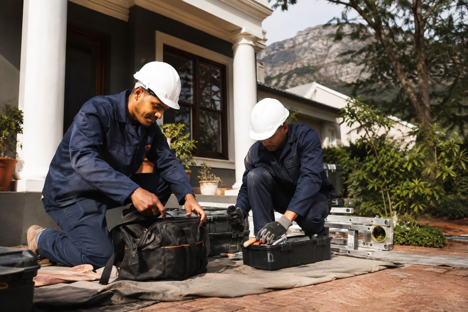 Roofing workers organising tools on protective sheeting outside a Cape Town home.