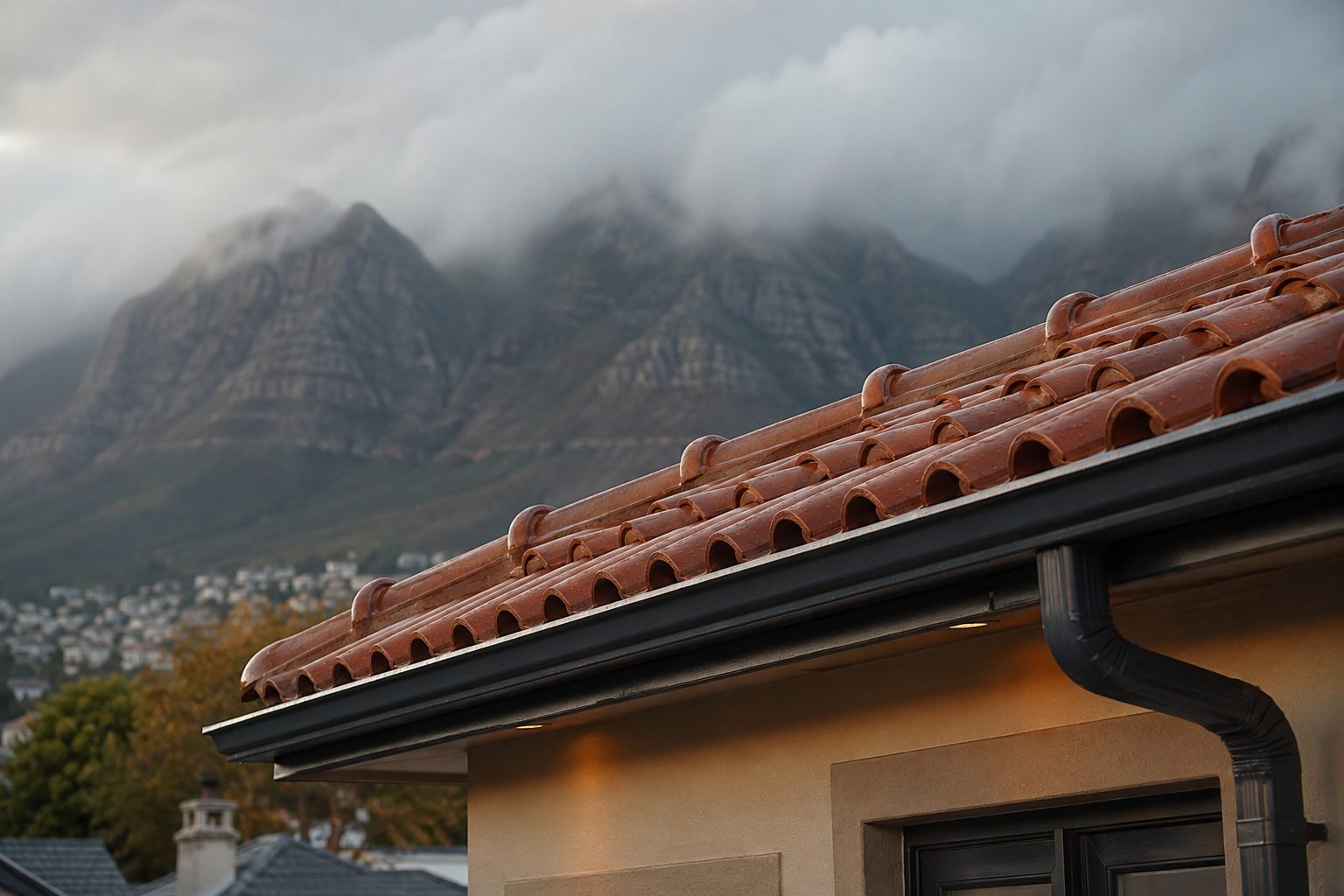 Rain-washed terracotta roof tiles, orderly drainage and a mountain backdrop in Cape Town.