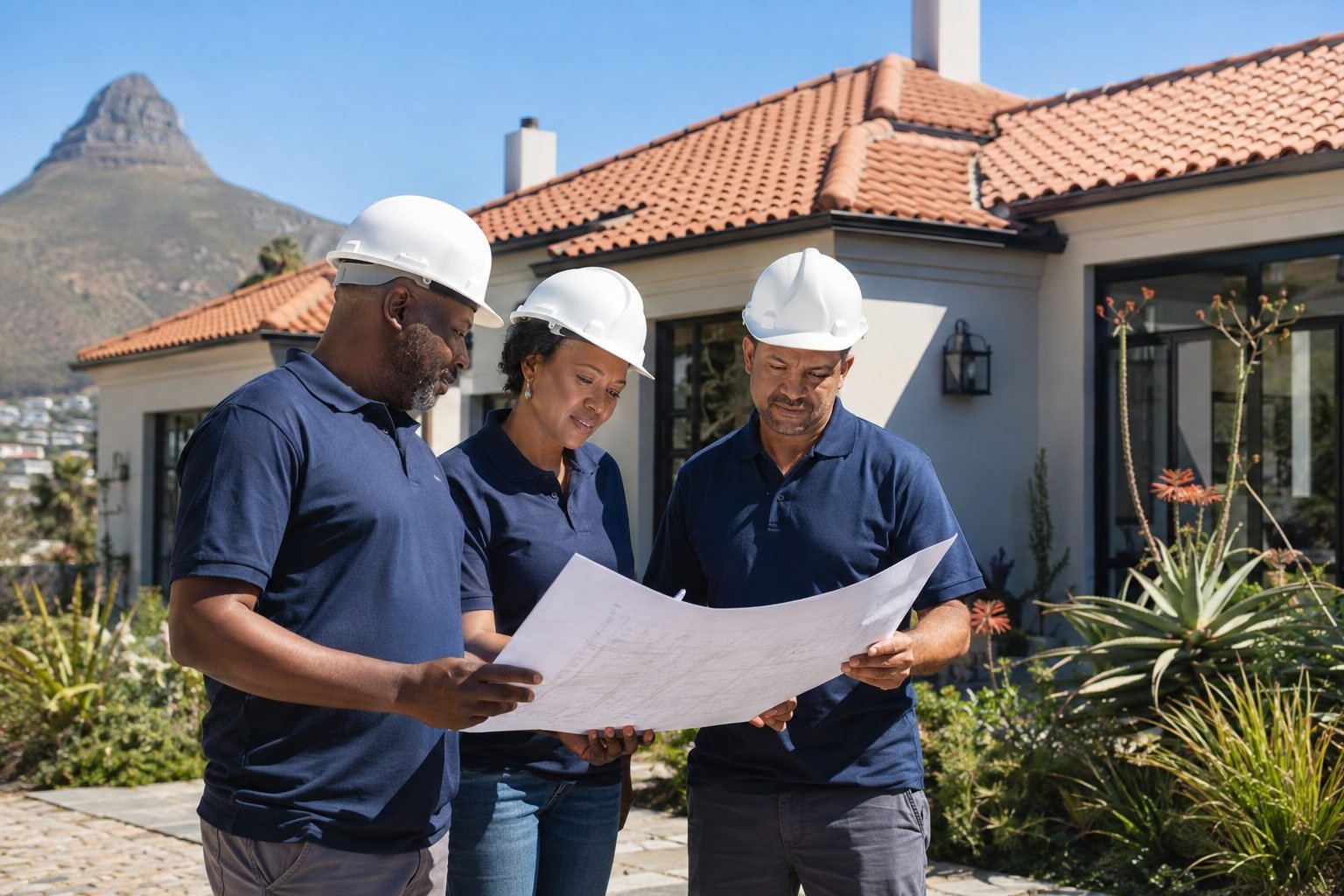 Roofing team reviewing plans outside a Cape Town home.