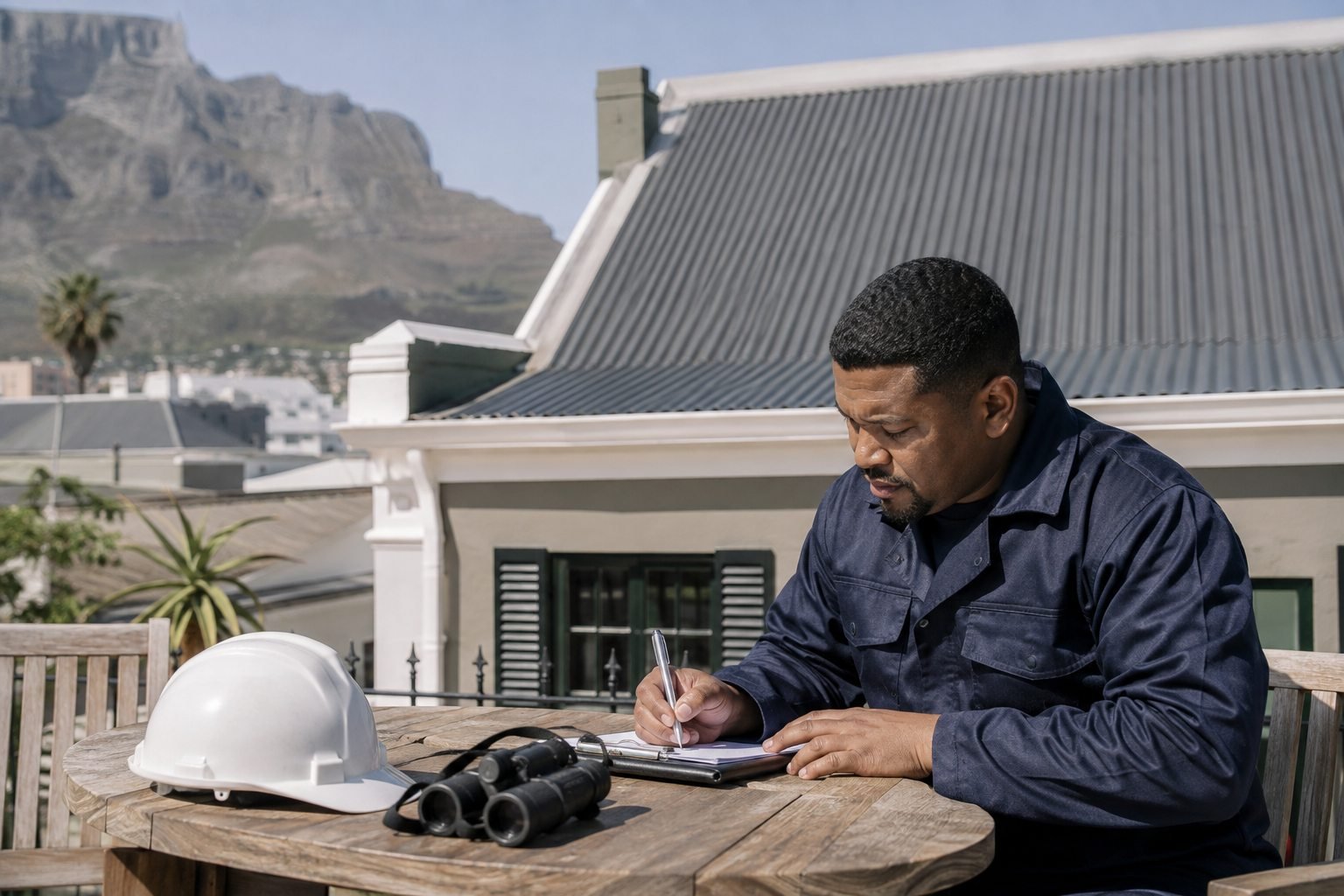 Roof assessor reviewing notes and binoculars beside a Cape Town home.