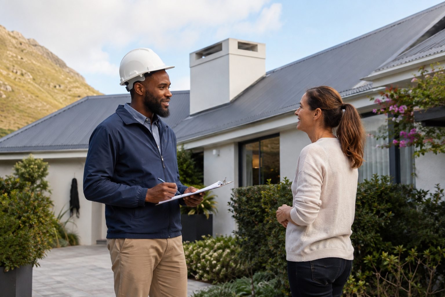 Roofer discussing a roof assessment with a homeowner outside a Cape Town residence.