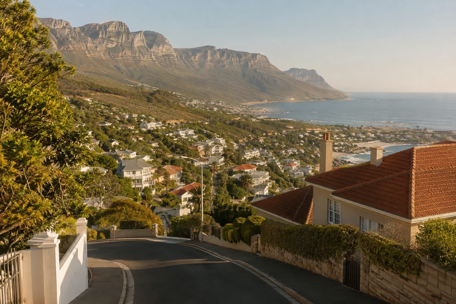 Cape Town suburban roofscape with mountain views.