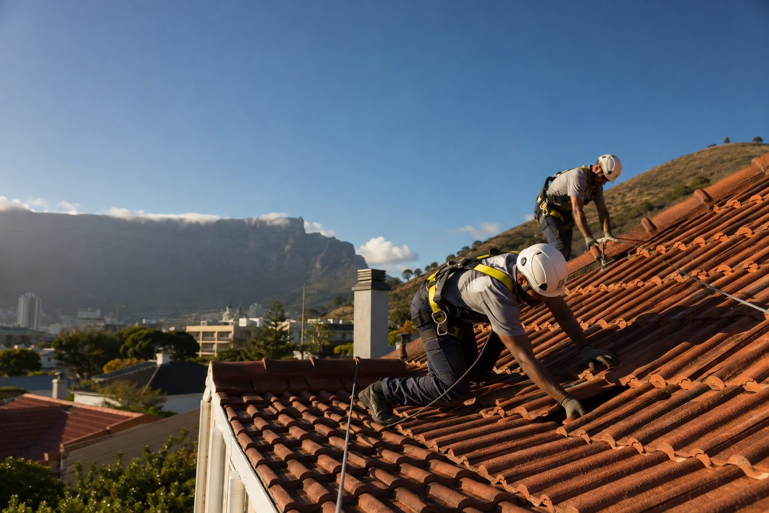 Roofers with safety equipment working on a tiled Cape Town residential roof, with Table Mountain beyond.