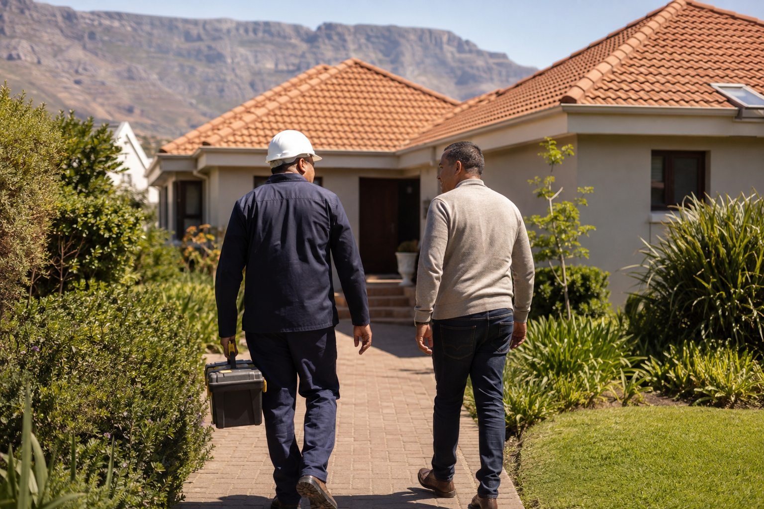 Roofing professional and homeowner approaching a house along a garden walkway.