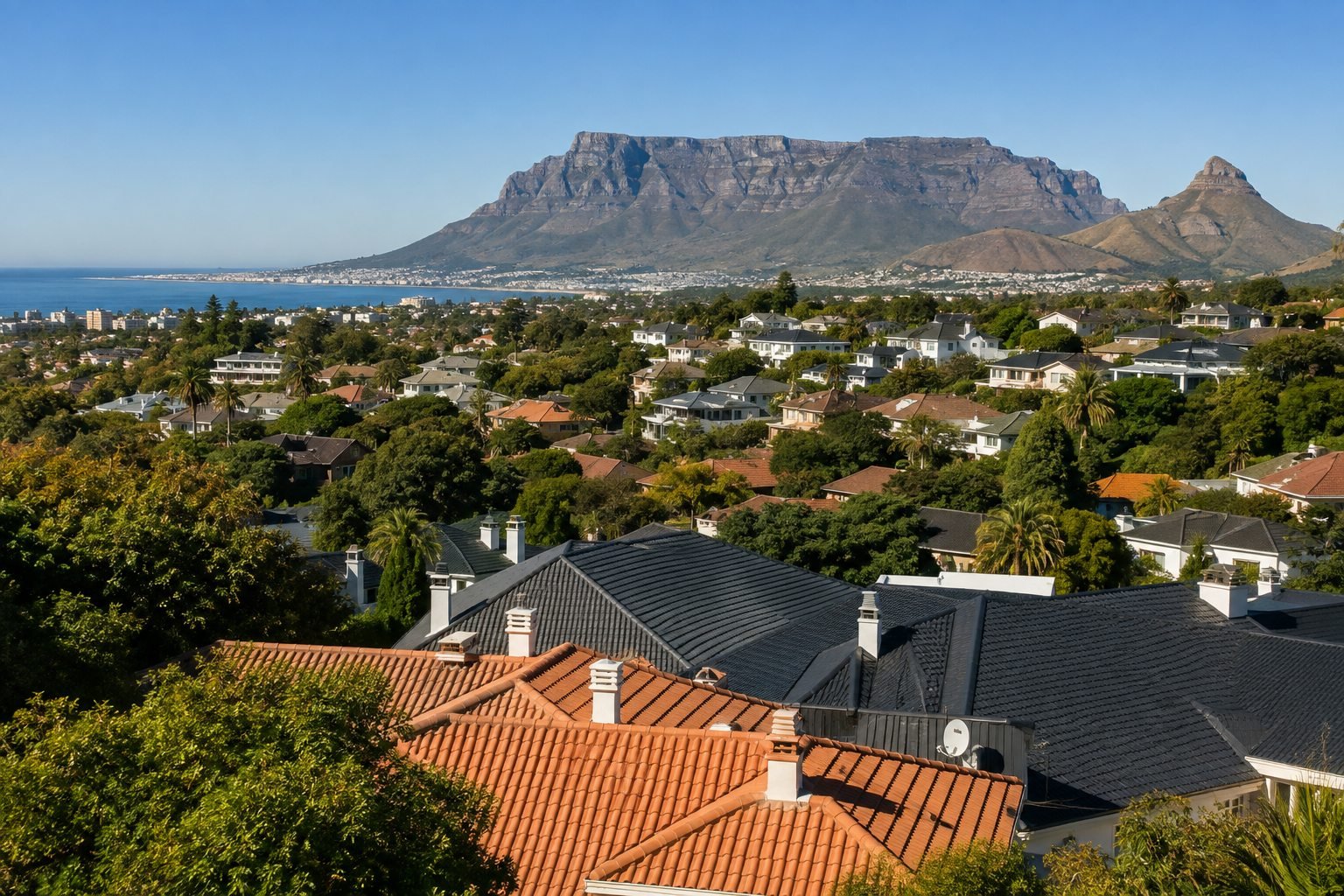 Wide Cape Town suburban roofscape with Table Mountain in the distance.