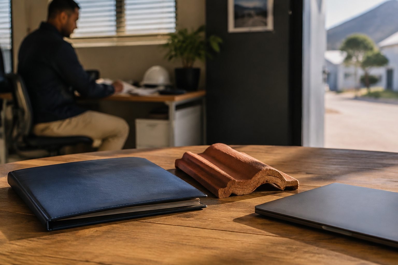 Closed document folder and roofing sample on a construction office desk.