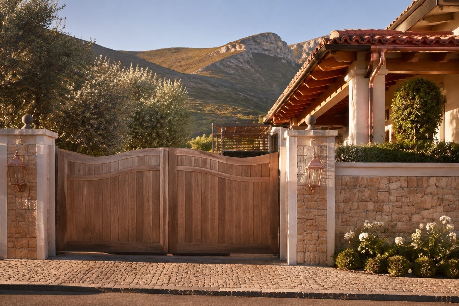 Closed timber gate and carefully detailed eaves of a South African home.
