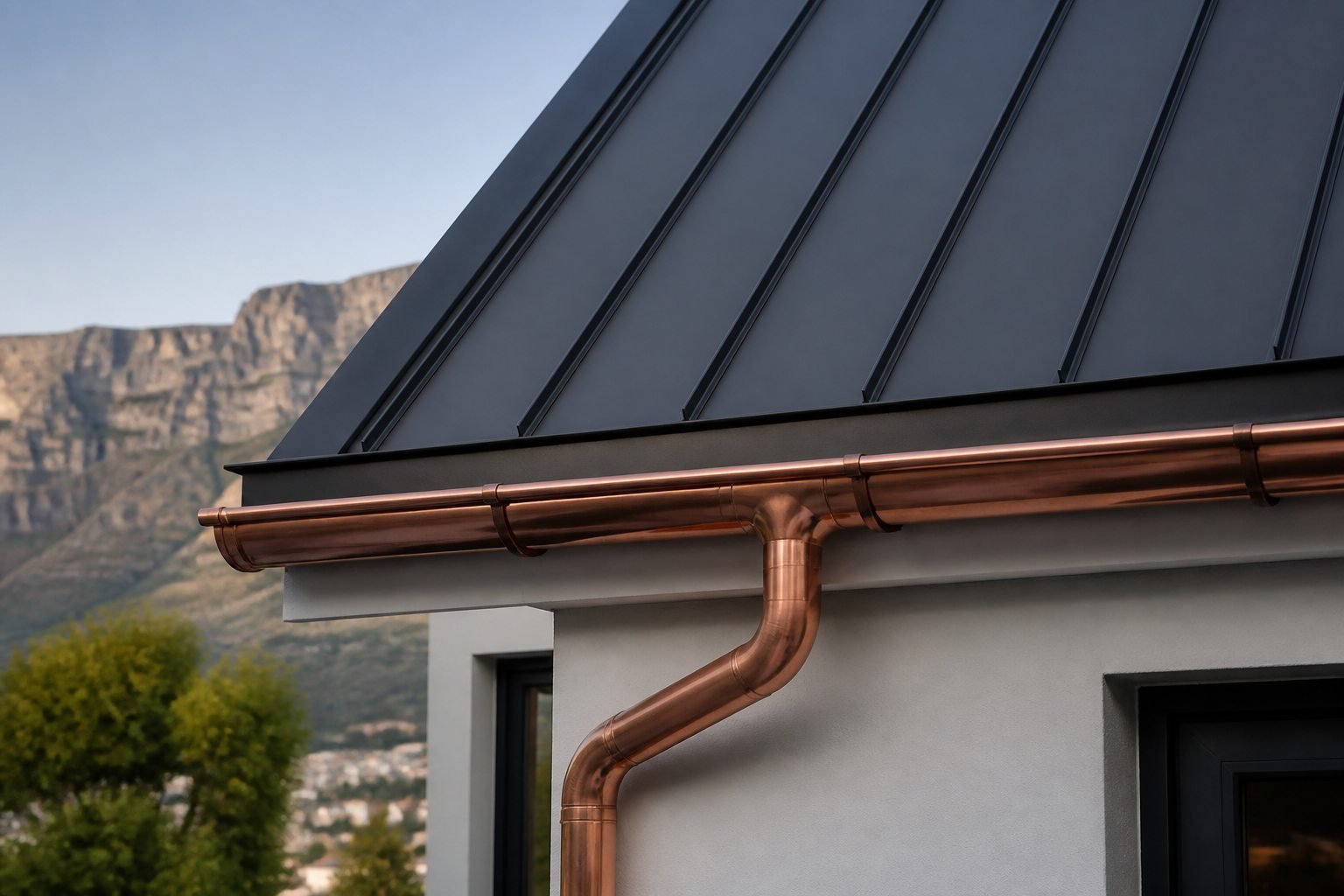 Architectural close-up of charcoal roofing and copper rainwater details.
