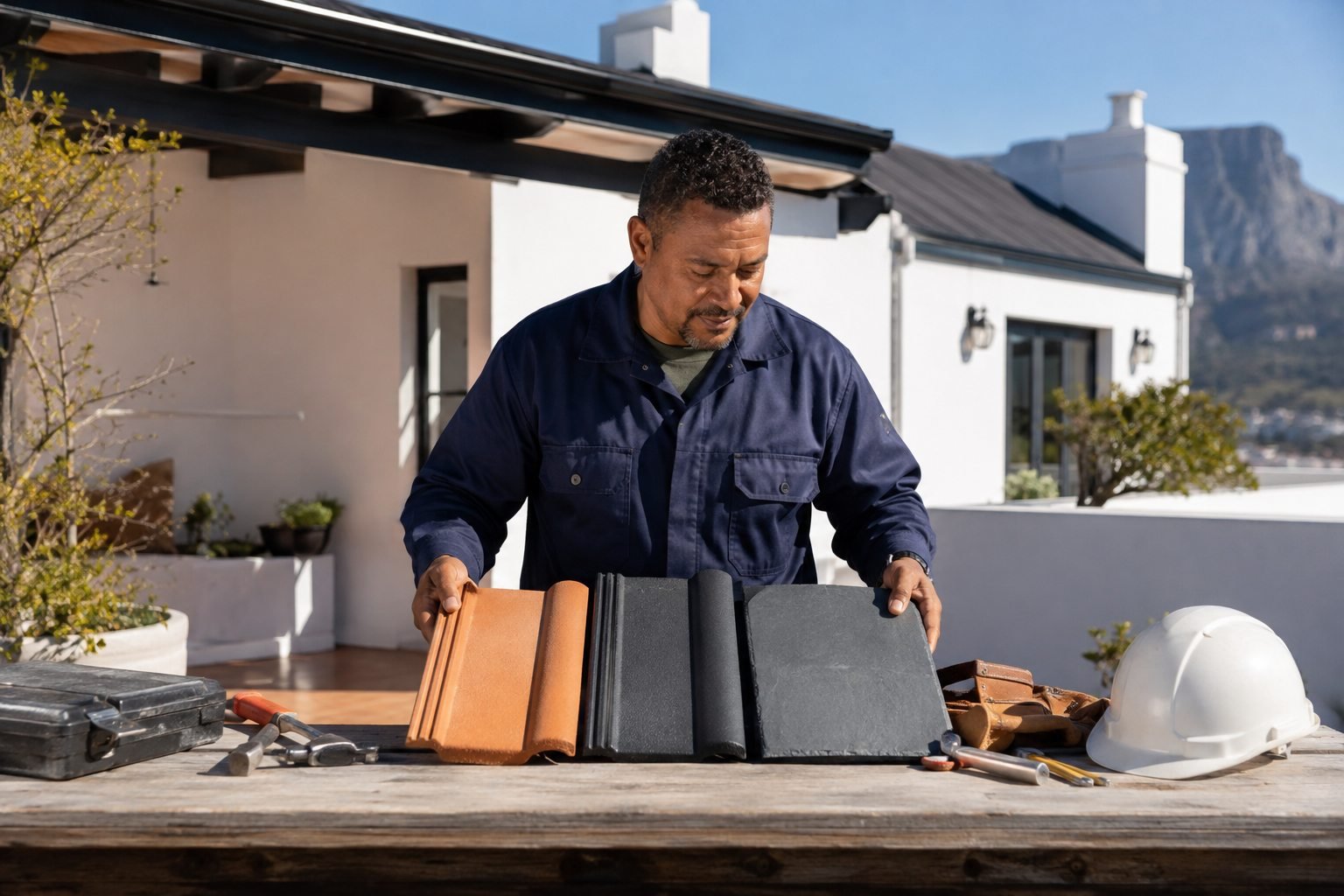 Roofing professional explaining different roofing material samples at an outdoor workbench.