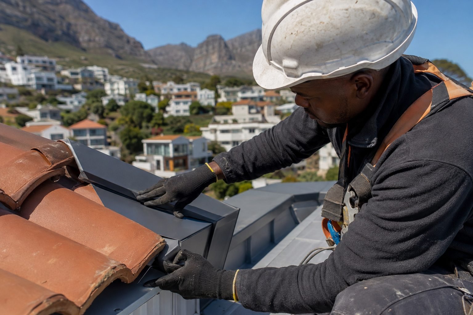 Professional roofer fitting flashing alongside terracotta roof tiles.